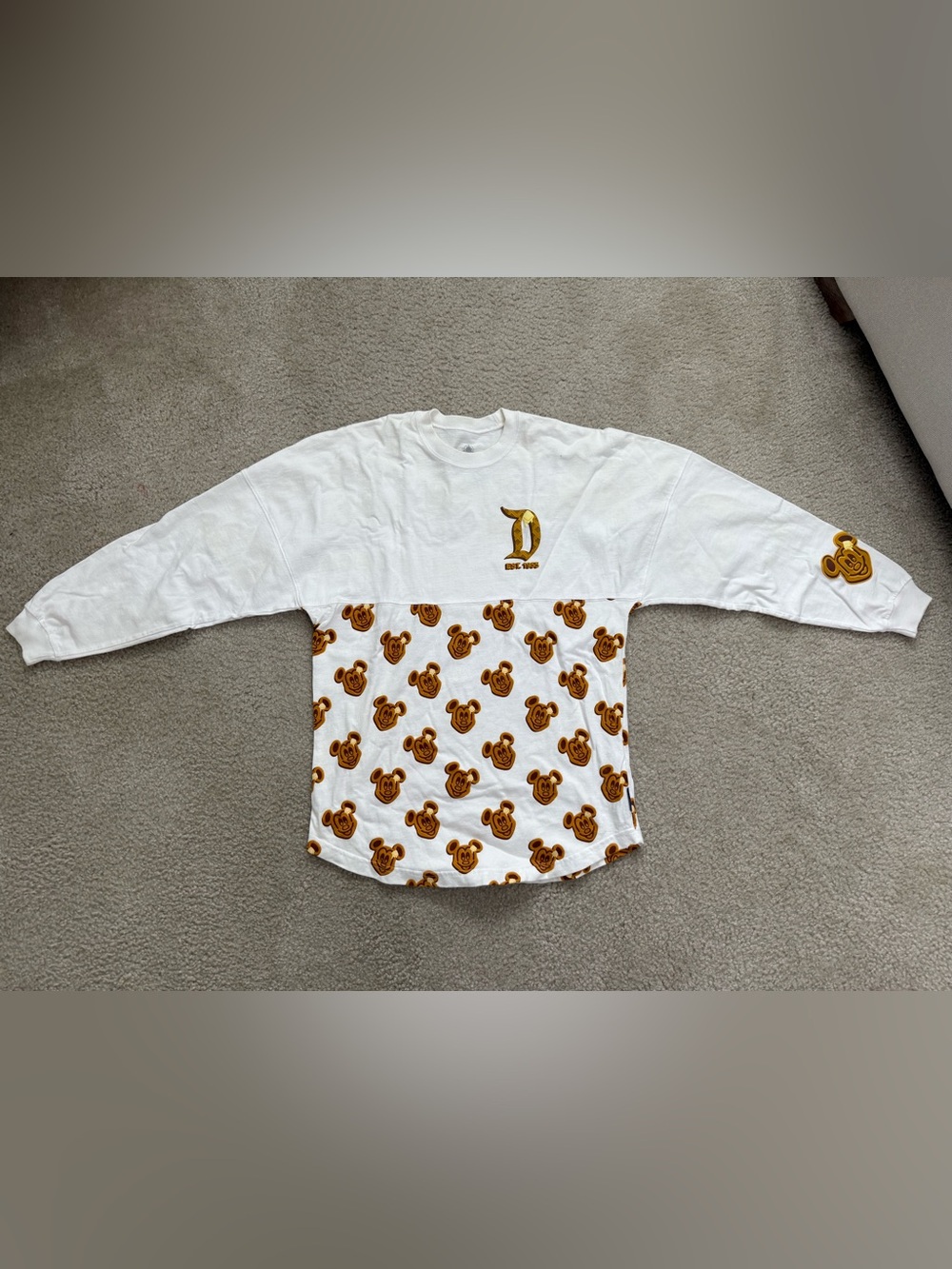 Disney Cream White Long Sleeve Jersey Tee with Waffle Print Mickey